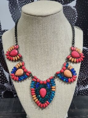 Statement Multicolor Gem Bib Necklace - Coral, Peach & Blue Chunky Maximalist